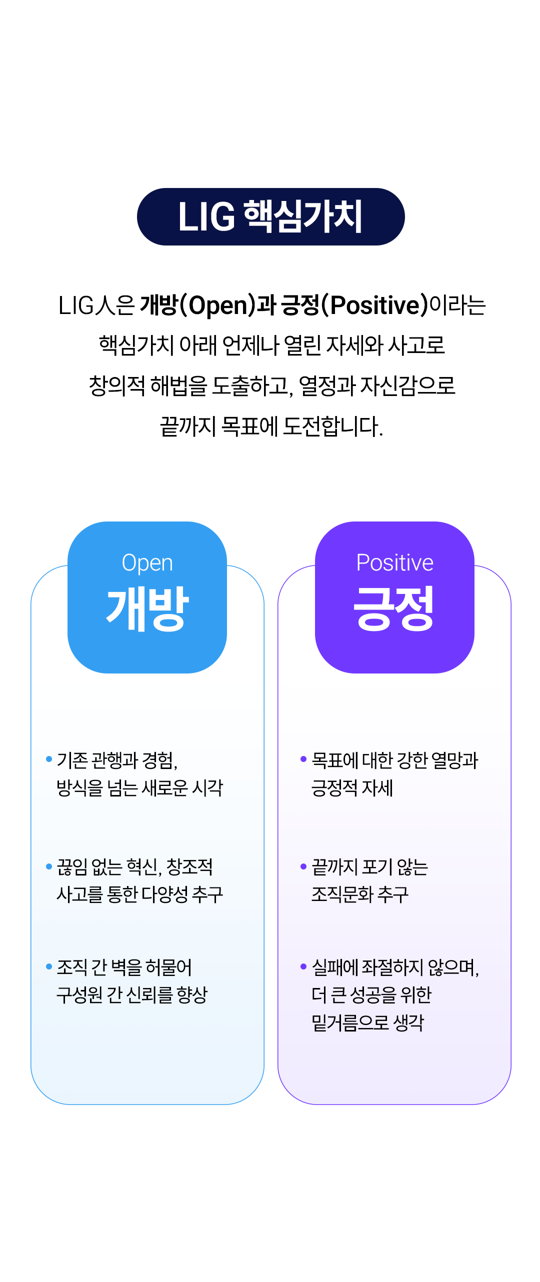 LIG 핵심가치: Open 개방과 Positive 긍정